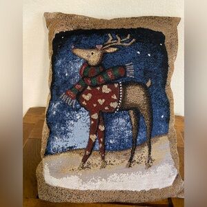 Festive Tapestry Reindeer Holiday Pillow Vintage